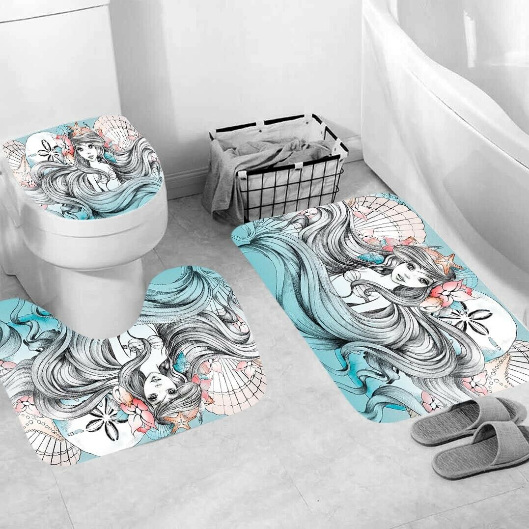 Long Hair Girl Shower Curtain Bathroom Rugs Bath Mat Non-Slip Toilet Lid Cover-3Pcs Mat Set Only-Free Shipping at meselling99