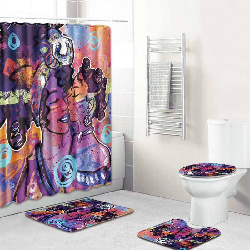 African Woman Shower Curtain Bathroom Rug Set Bath Mat Non-Slip Toilet Lid Cover-African Woman-4-Shower Curtain+3Pcs Mat-Free Shipping at meselling99