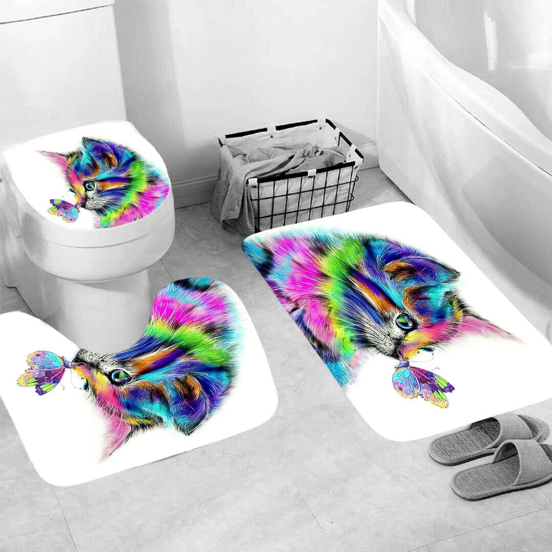 Kitty Shower Curtain Bathroom Rug Set Thick Bath Mat Non-Slip Toilet Lid Cover-3Pcs Mat Set Only-Free Shipping at meselling99