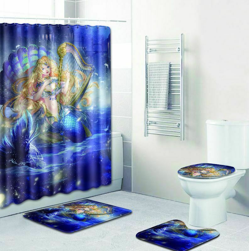 Mermaid Bathroom Rug Set Shower Curtain Non-Slip Toilet Lid Cover Bath Mat Rug-Style-2-Shower Curtain+3Pcs Mat-H1-Free Shipping at meselling99