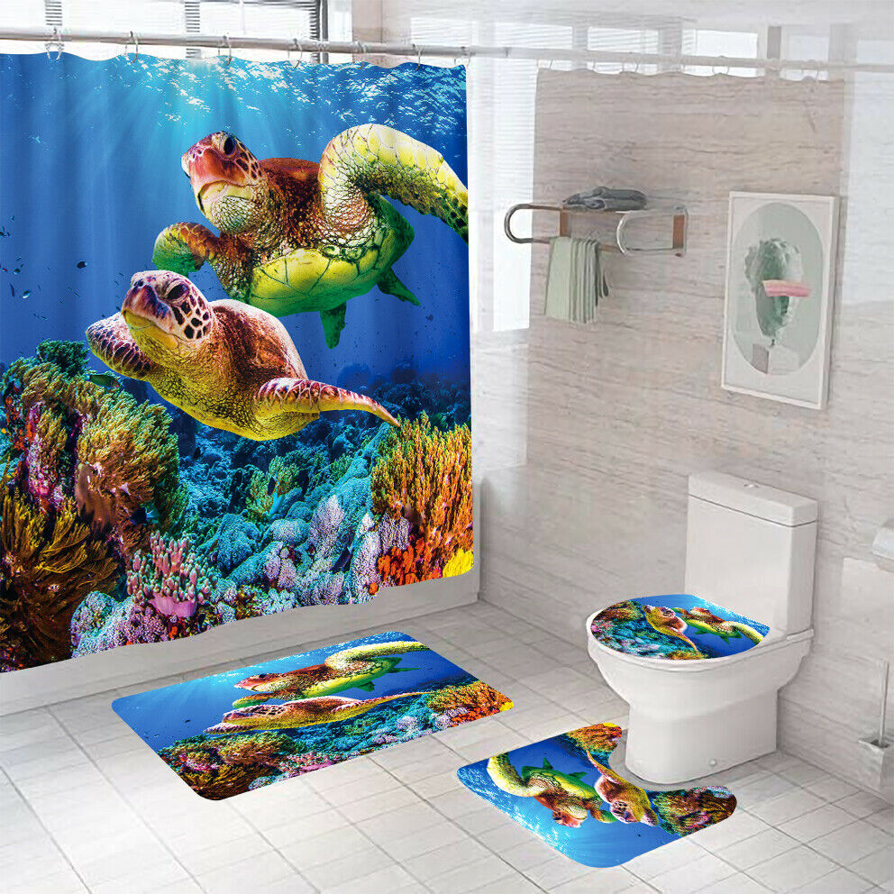 Sea Turtle Shower Curtain Bathroom Rug Set Bath Mat Non-Slip Toilet Lid Cover-Shower Curtain+3Pcs Mat-Free Shipping at meselling99