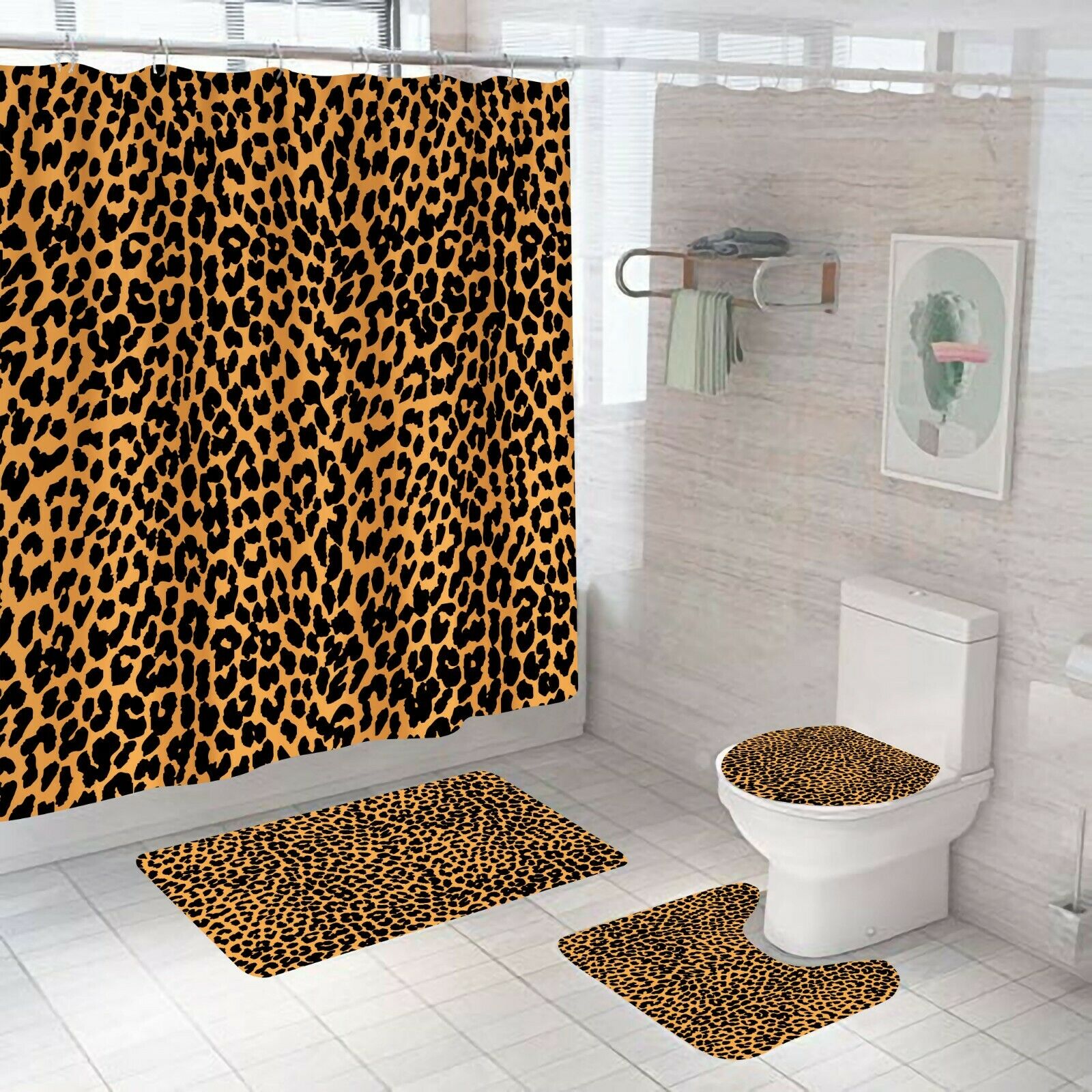 Leopard Shower Curtain Bathroom Rug Set Thick Bath Mat Non-Slip Toilet Lid Cover-Shower Curtain+3Pcs Mat-Free Shipping at meselling99