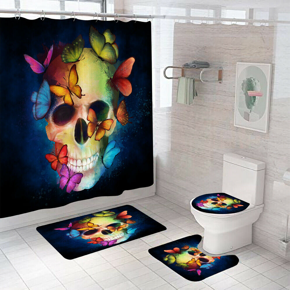 Skull Shower Curtain Set Bathroom Rug Set Bath Mat Non-Slip Toilet Lid Cover-Shower Curtain+3Pcs Mat-Free Shipping at meselling99