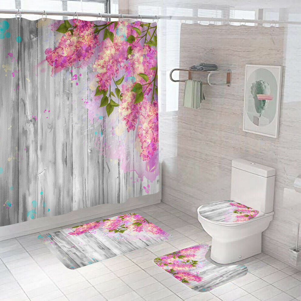 Floral Shower Curtain Bathroom Rug Set Thick Bath Mat Non-Slip Toilet Lid Cover-Shower Curtain+3Pcs Mat-Free Shipping at meselling99