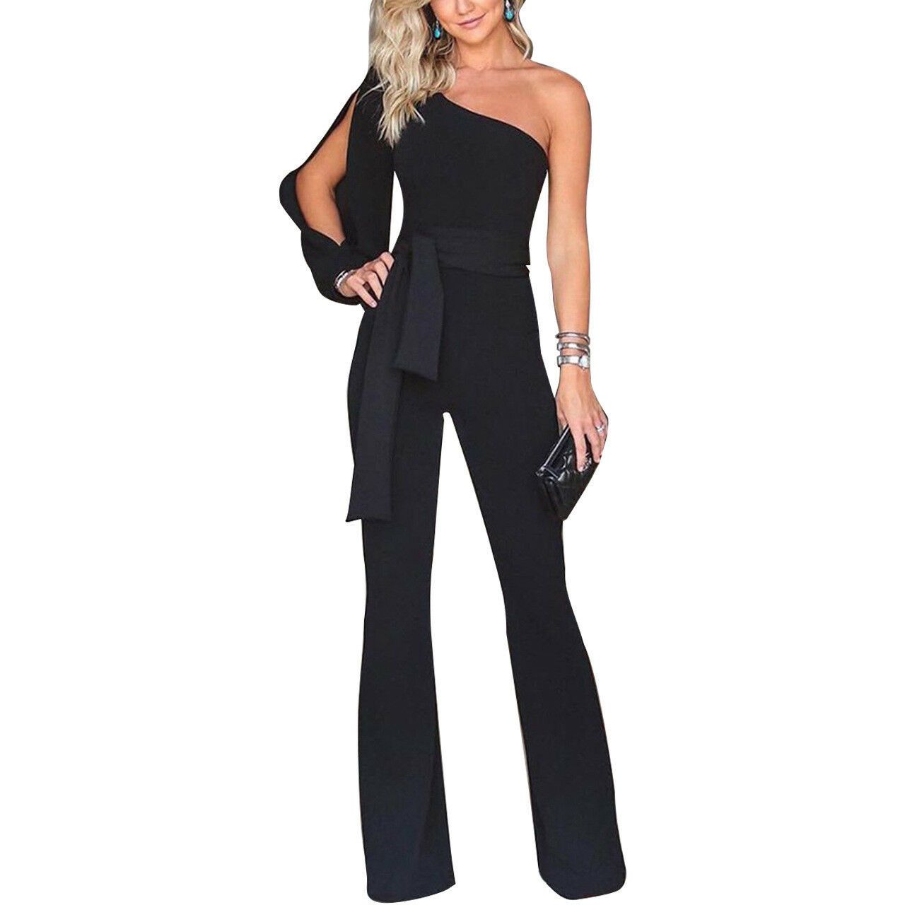 Womens Jumpsuit One Shoulder Slit Sleeve Party Jumpsuits--Free Shipping at meselling99