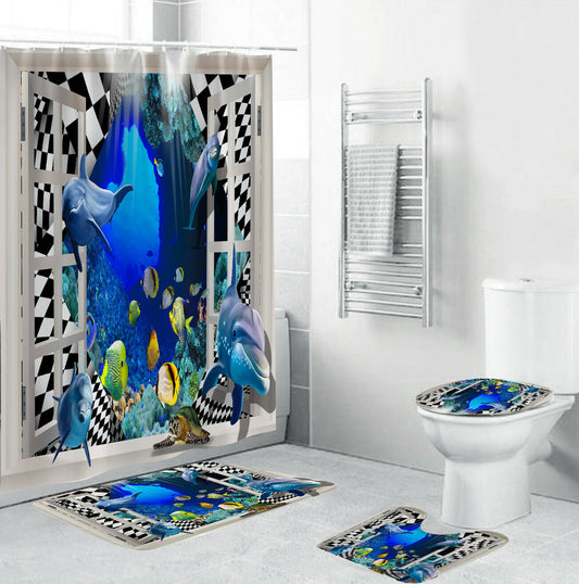 Dolphin Bathroom Rug Set Shower Curtain Thick Bath Mat Non-Slip Toilet Lid Cover--Free Shipping at meselling99