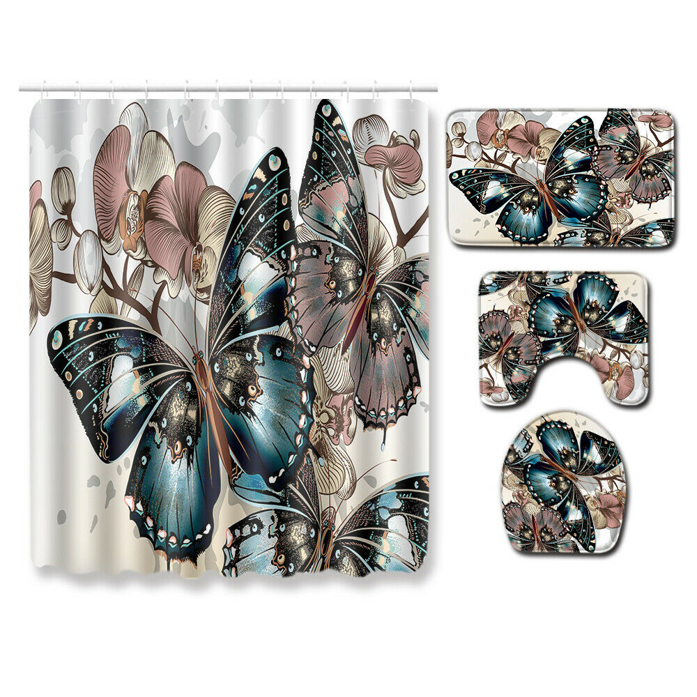 Butterfly Bathroom Rug Set Shower Curtain Bath Mat Non Slip Toilet Lid Cover--Free Shipping at meselling99