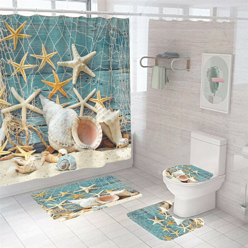 Conch Starfish Shower Curtain Set Thick Bathroom Rugs Bath Mat Toilet Lid Cover-Shower Curtain+3Pcs Mat-Free Shipping at meselling99