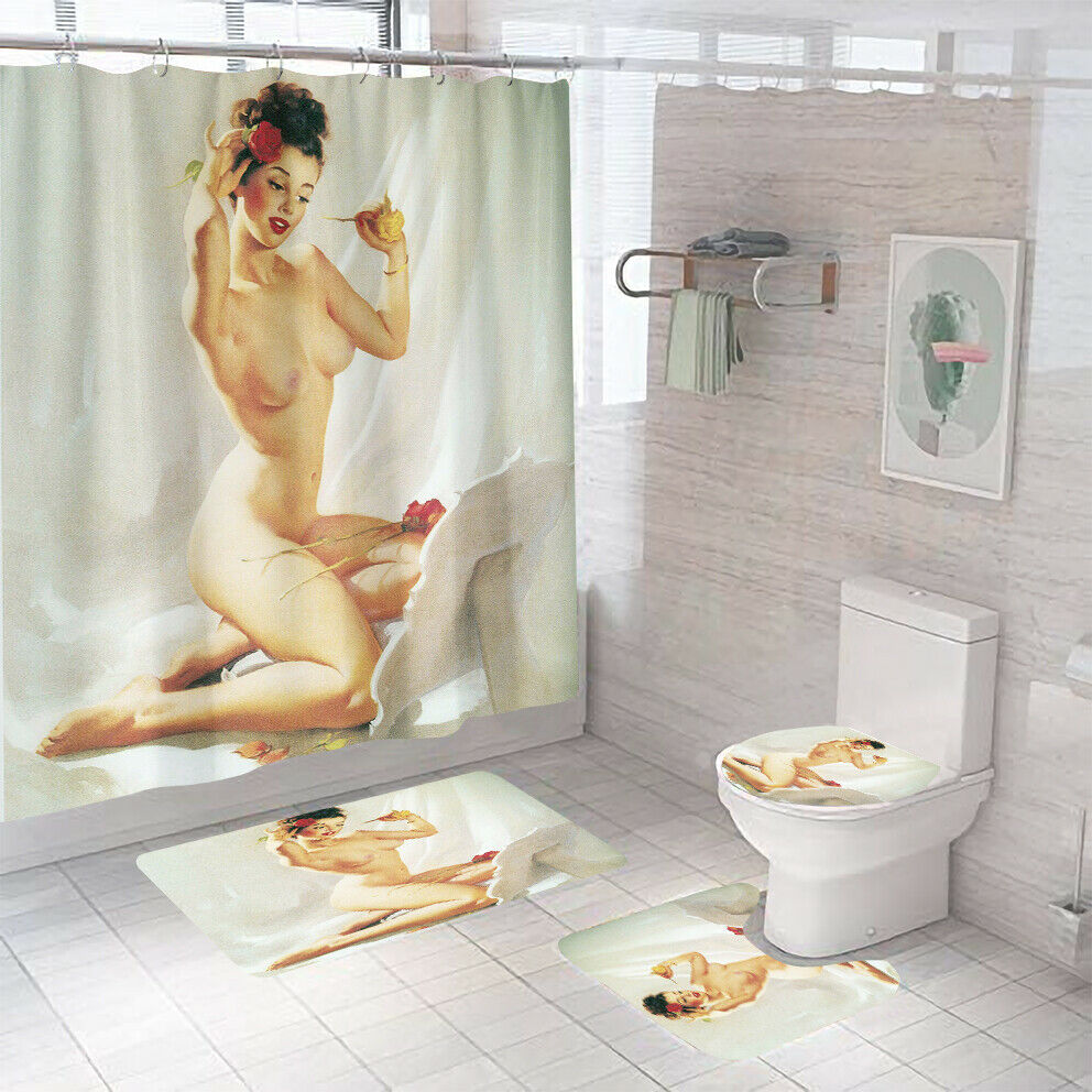 Naked Girl Shower Curtain Bathroom Rug Set Bath Mat Non-Slip Toilet Lid Cover-Shower Curtain+3Pcs Mat-Free Shipping at meselling99