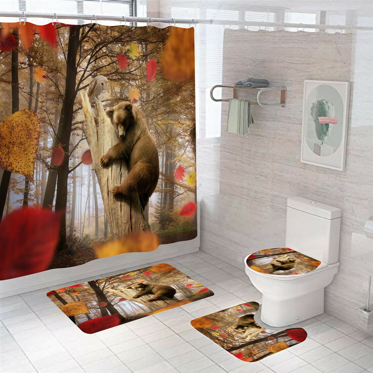 Bear Shower Curtain Set Bathroom Rugs Thick Bath Mat Non-Slip Toilet Lid Cover--Free Shipping at meselling99