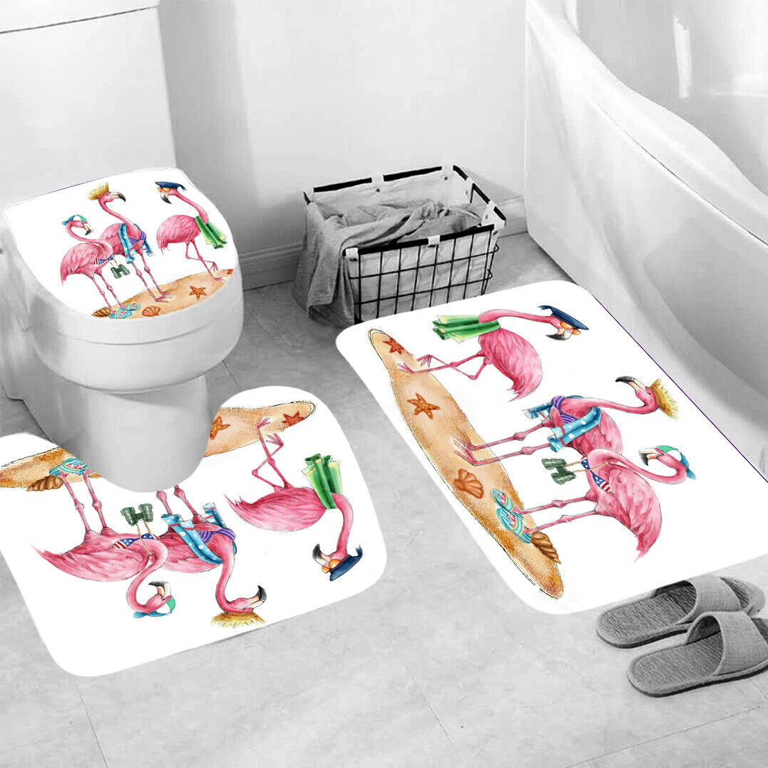 Flamingo Shower Curtain Set Bathroom Rug Bath Mat Soft Non-Slip Toilet Lid Cover-3Pcs Mat Set Only-Free Shipping at meselling99