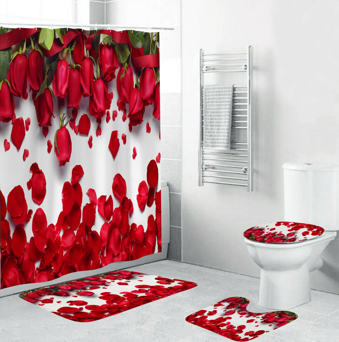 Rose Shower Curtain Bathroom Rug Set Thick Bath Mat Non-Slip Toilet Lid Cover-4Pcs(180*180cm Curtain+3Pcs Mat)-Free Shipping at meselling99