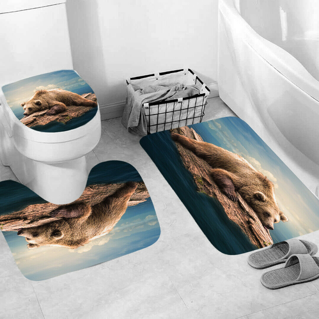 Bear Shower Curtain Bathroom Rug Set Thick Bath Mat Non-Slip Toilet Lid Cover-3Pcs Mat Set Only-Free Shipping at meselling99