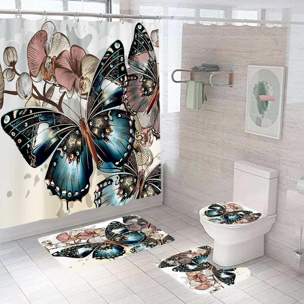 Butterfly Bathroom Rug Set Shower Curtain Bath Mat Non Slip Toilet Lid Cover-Shower Curtain+3Pcs Mat-Style-1-Free Shipping at meselling99