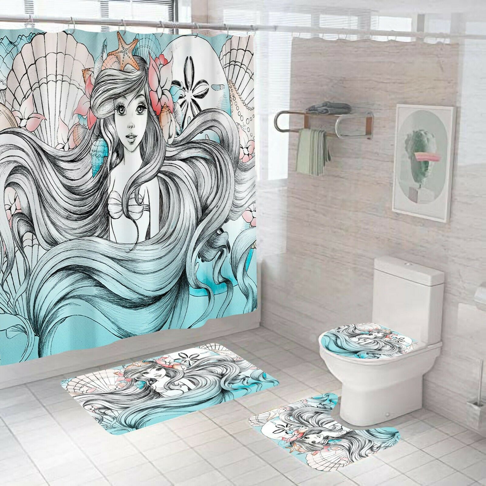 Long Hair Girl Shower Curtain Bathroom Rugs Bath Mat Non-Slip Toilet Lid Cover-Shower Curtain+3Pcs Mat-Free Shipping at meselling99