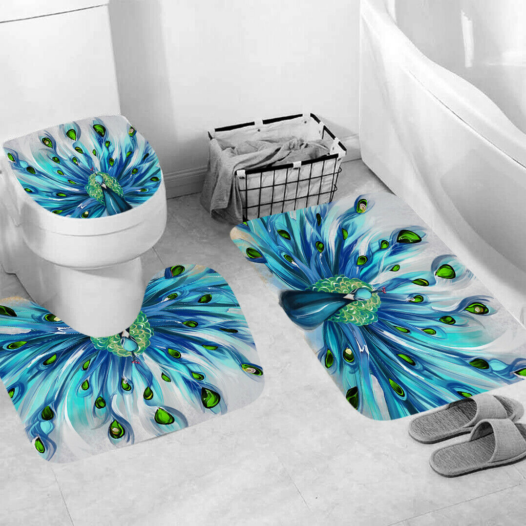 Peacock Shower Curtain Bathroom Rug Set Thick Bath Mat Non-Slip Toilet Lid Cover-3Pcs Mat Set Only-Free Shipping at meselling99