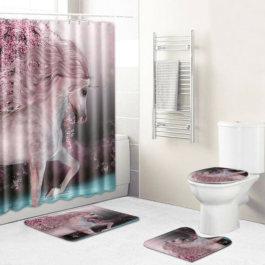 Unicorn Shower Curtain Bathroom Rug Set Bath Mat Non-Slip Soft Toilet Lid Cover--Free Shipping at meselling99