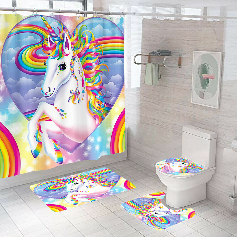 Unicorn Shower Curtain Bathroom Rug Set Thick Bath Mat Non-Slip Toilet Lid Cover-Shower Curtain+3Pcs Mat-Free Shipping at meselling99