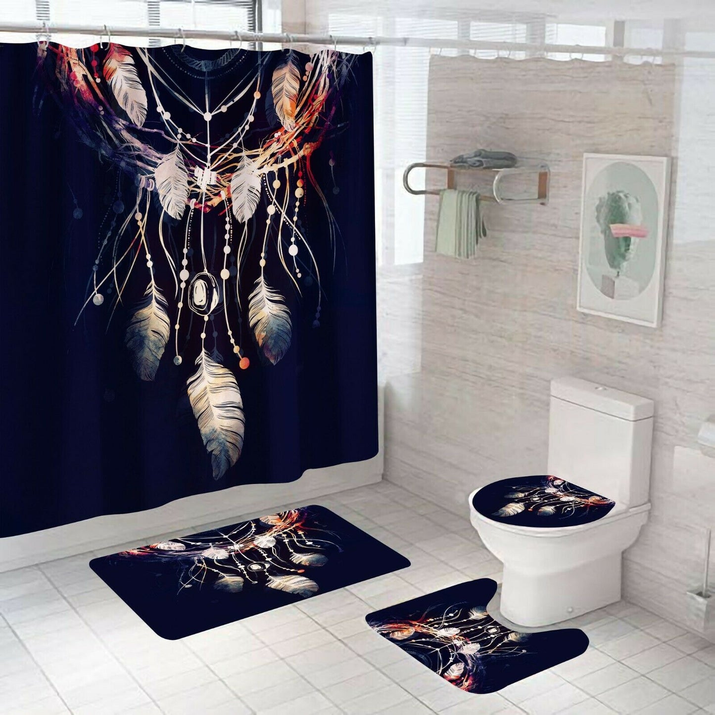 Dreamcatcher Shower Curtain Bathroom Rug Set Bath Mat Non-Slip Toilet Lid Cover-Shower Curtain+3Pcs Mat-Free Shipping at meselling99