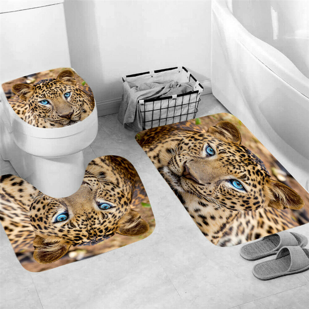 Leopard Shower Curtain Set Thick Bathroom Rug Bath Mat Non-Slip Toilet Lid Cover-3Pcs Mat Set Only-Free Shipping at meselling99