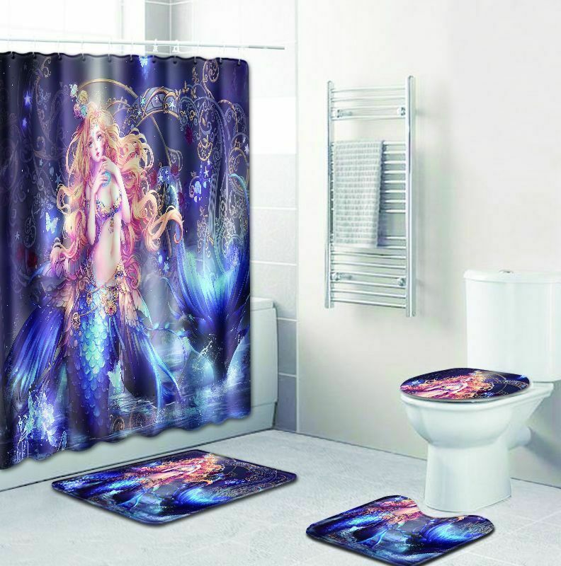 Mermaid Bathroom Rug Set Shower Curtain Non-Slip Toilet Lid Cover Bath Mat Rug-Style-1-Shower Curtain+3Pcs Mat-H1-Free Shipping at meselling99