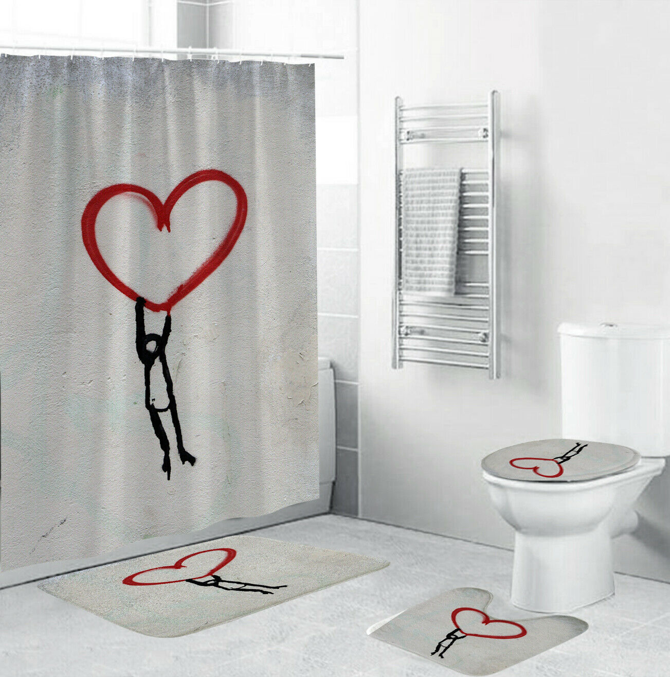 Loving Heart Shower Curtain Bathroom Rug Set Bath Mat Non-Slip Toilet Lid Cover-4Pcs(180*180cm Curtain+3Pcs Mat)-Free Shipping at meselling99