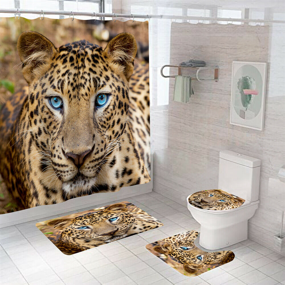 Leopard Shower Curtain Set Thick Bathroom Rug Bath Mat Non-Slip Toilet Lid Cover-Shower Curtain+3Pcs Mat-Free Shipping at meselling99