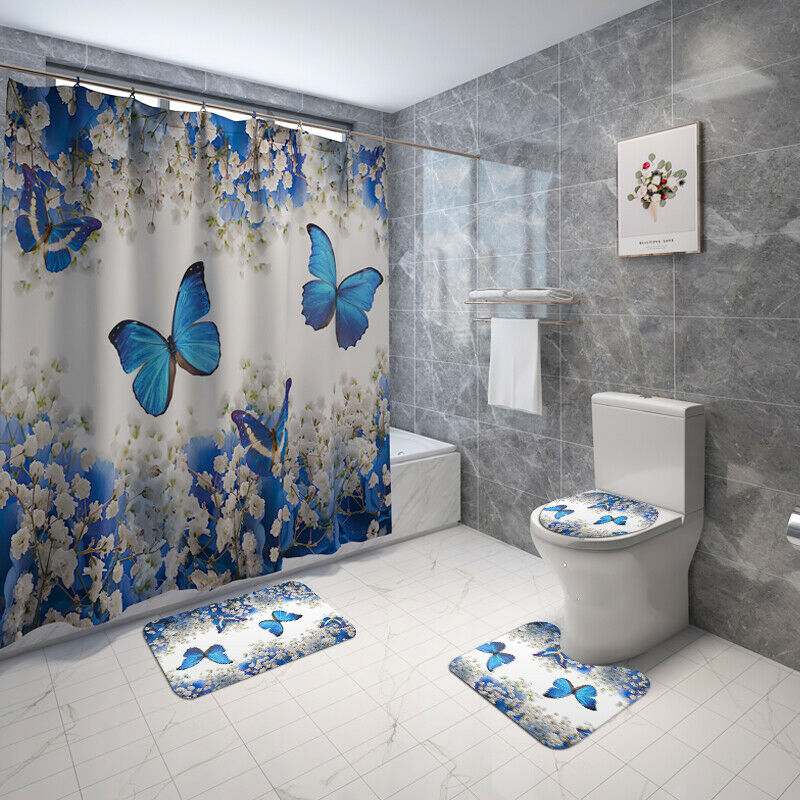 Butterfly Bathroom Rug Set Shower Curtain Bath Mat Non-Slip Toilet Lid Cover-Shower Curtain+3Pcs Mat-Free Shipping at meselling99