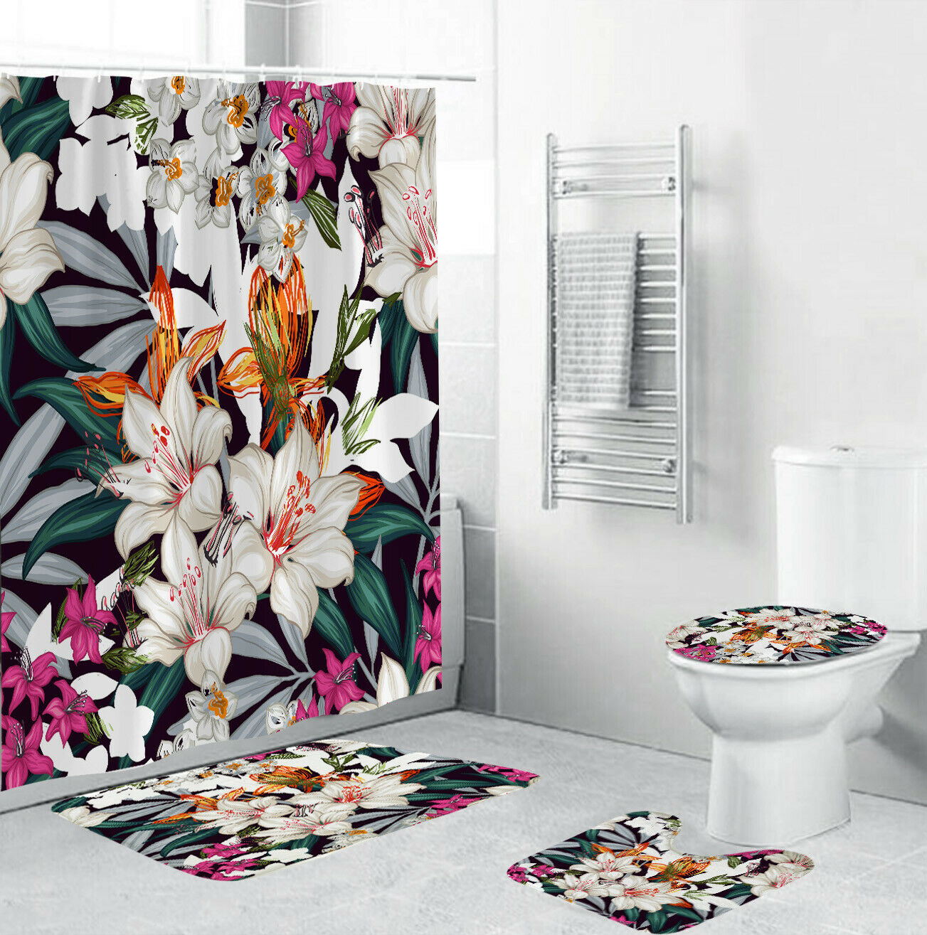 Floral Bathroom Rug Set Shower Curtain Thick Bath Mat Non-Slip Toilet Lid Cover-4Pcs(180*180cm Curtain+3Pcs Mat)-Free Shipping at meselling99