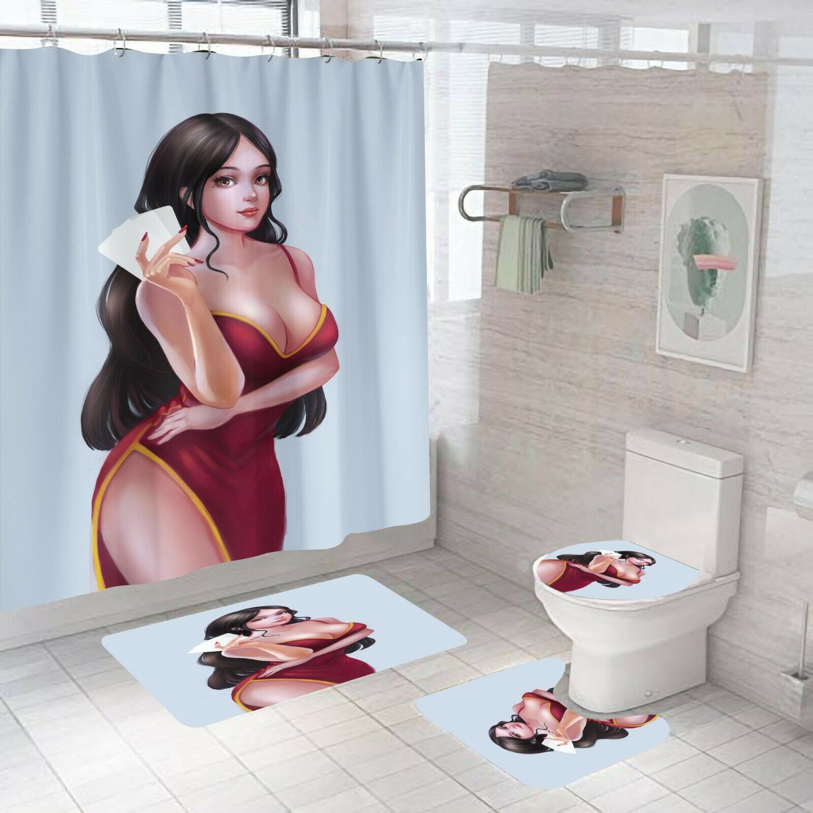 Sexy Woman Shower Curtain Bathroom Rug Set Bath Mat Non-Slip Toilet Lid Cover-Shower Curtain+3Pcs Mat-Free Shipping at meselling99