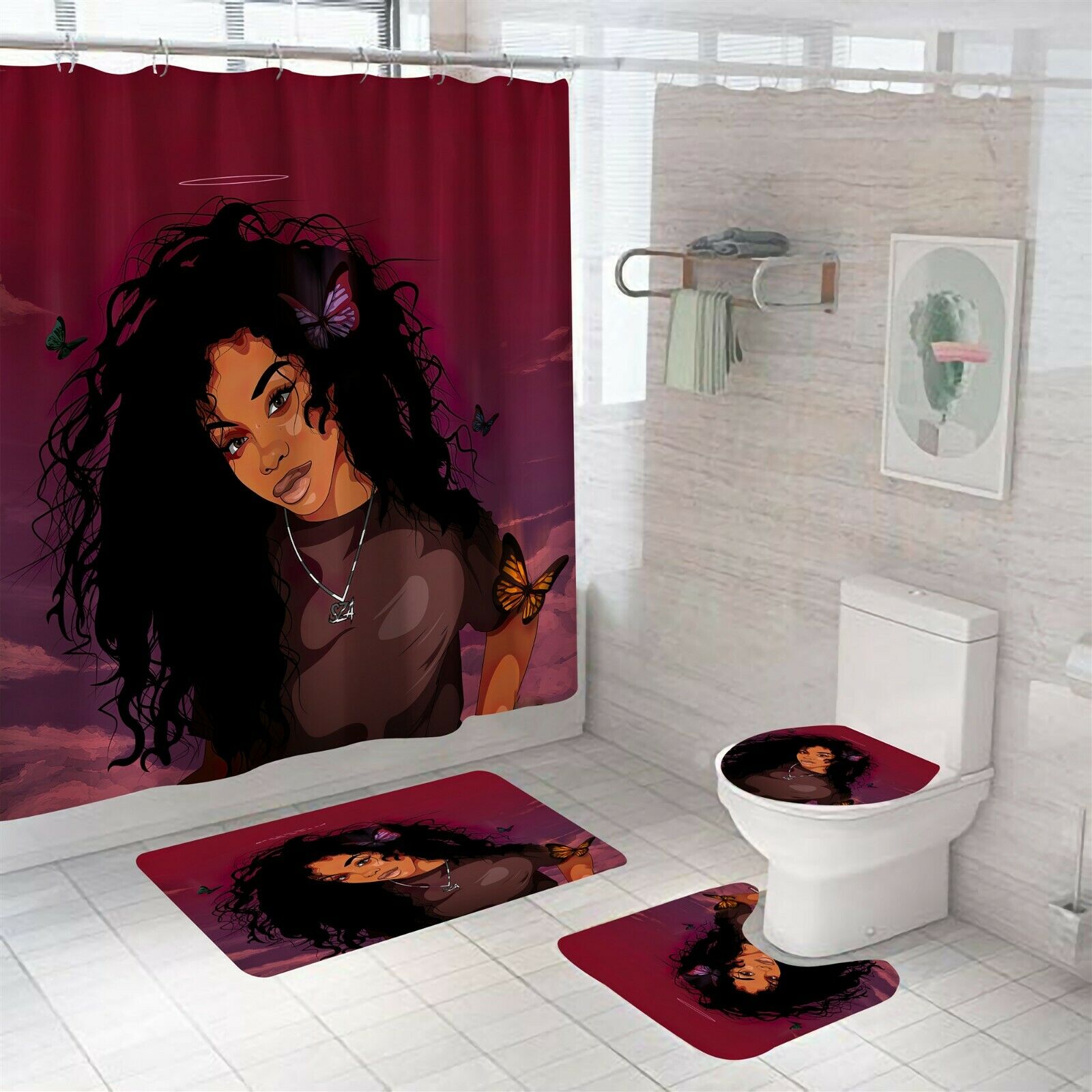 African Woman Shower Curtain Set Thick Bathroom Rugs Bath Mat Toilet Lid Cover-Shower Curtain+3Pcs Mat-Free Shipping at meselling99