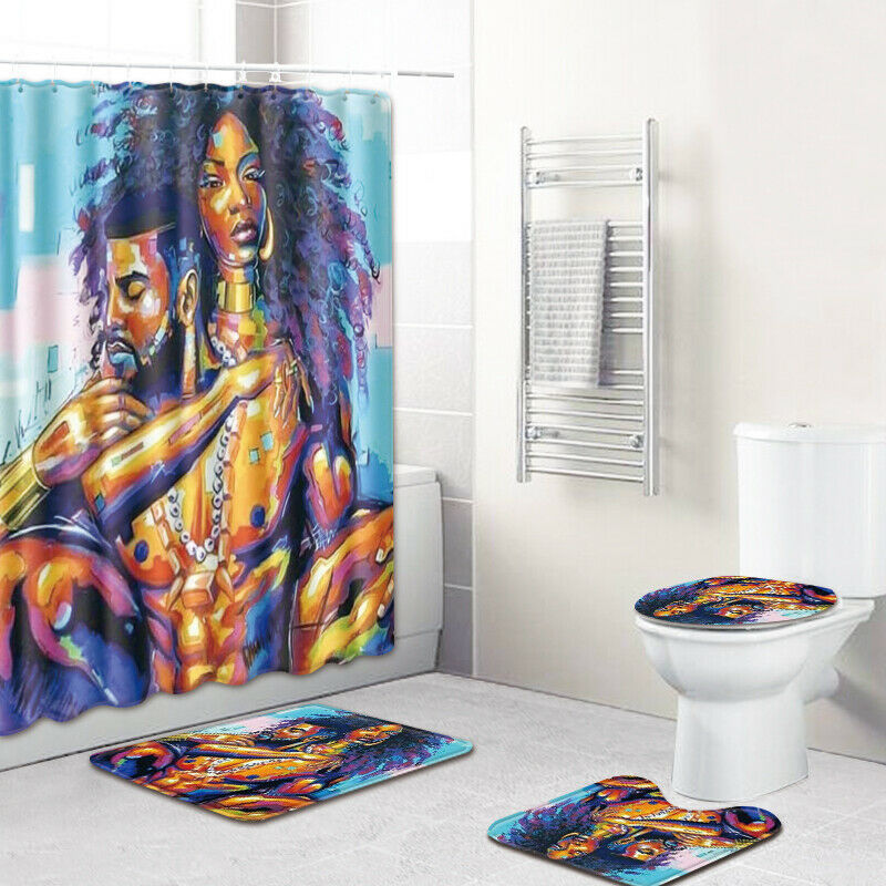 African Woman Shower Curtain Bathroom Rug Set Bath Mat Non-Slip Toilet Lid Cover-African Woman-3-Shower Curtain+3Pcs Mat-Free Shipping at meselling99