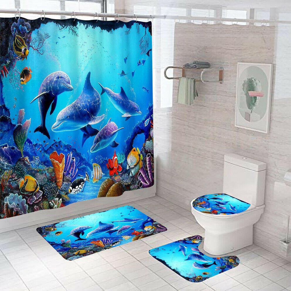 Dolphin Shower Curtain Bathroom Rug Set Bath Mat Non-Slip Toilet Lid Cover-Shower Curtain+3Pcs Mat-Free Shipping at meselling99