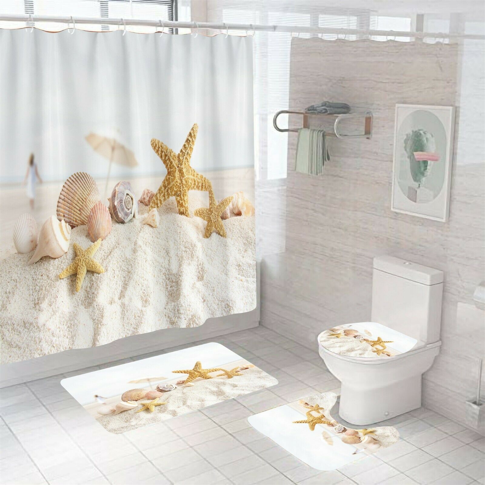 Sandbeach Shower Curtain Bathroom Rug Set Bath Mat Non-Slip Toilet Lid Cover-Shower Curtain+3Pcs Mat-Free Shipping at meselling99