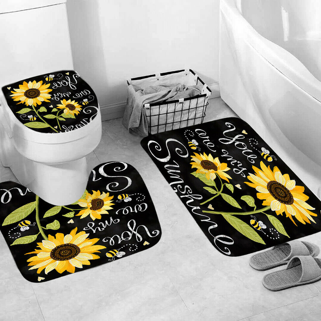 Sunflower Letter Shower Curtain Bathroom Rug Set Bath Mat Non-Slip Toilet Lid Cover-3Pcs Mat Set Only-Free Shipping at meselling99