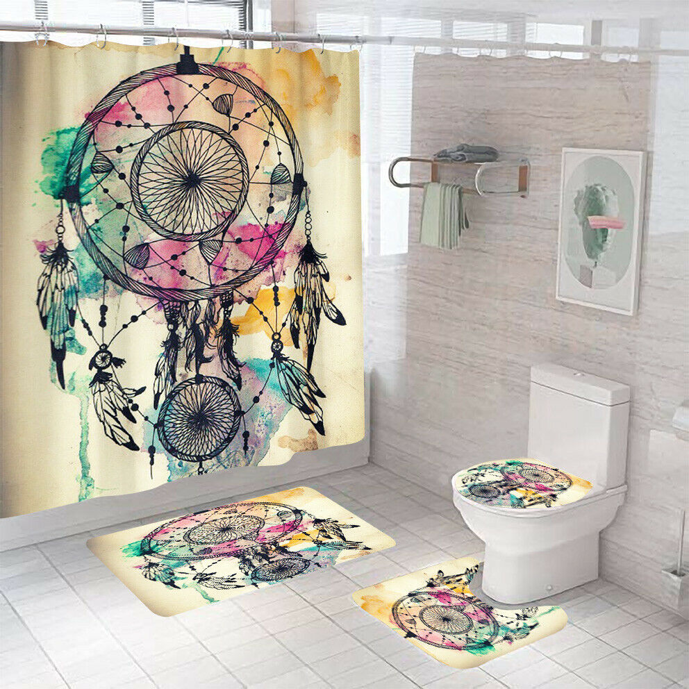 Dreamcatcher Shower Curtain Bathroom Rug Set Bath Mat Non-Slip Toilet Lid Cover-Shower Curtain+3Pcs Mat-Free Shipping at meselling99
