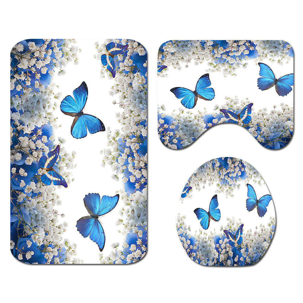 Butterfly Bathroom Rug Set Shower Curtain Bath Mat Non-Slip Toilet Lid Cover-3Pcs Mat Set Only-Free Shipping at meselling99
