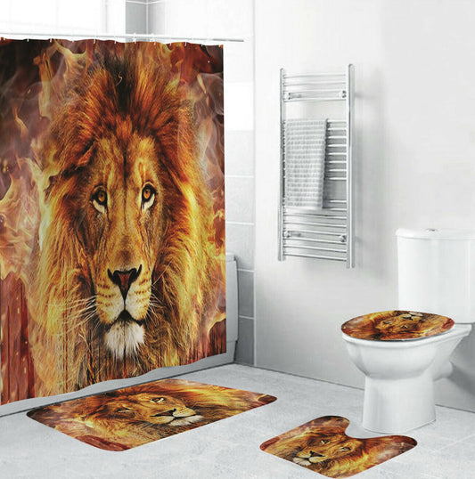 Lion Shower Curtain Bathroom Rug Set Thick Bath Mat Non-Slip Toilet Lid Cover--Free Shipping at meselling99