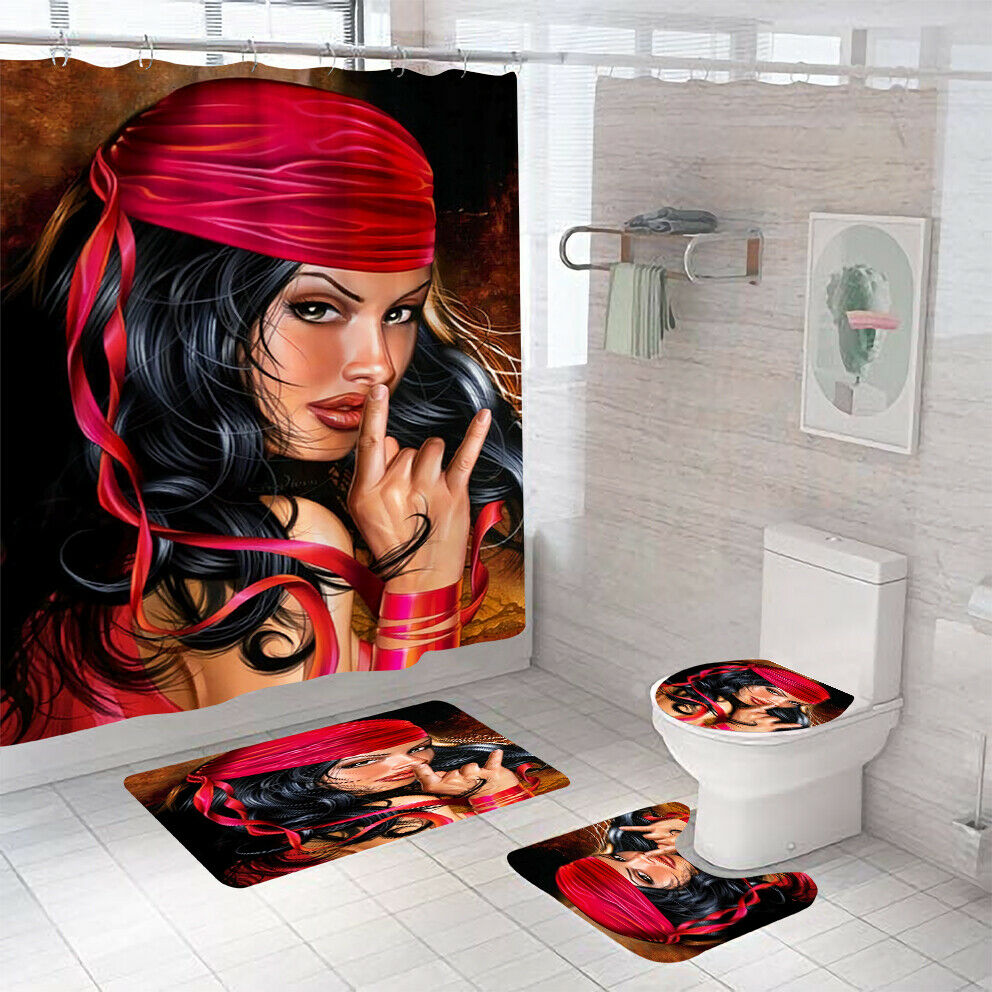 Cool Woman Shower Curtain Bathroom Rug Set Bath Mat Non-Slip Toilet Lid Cover-Shower Curtain+3Pcs Mat-Free Shipping at meselling99