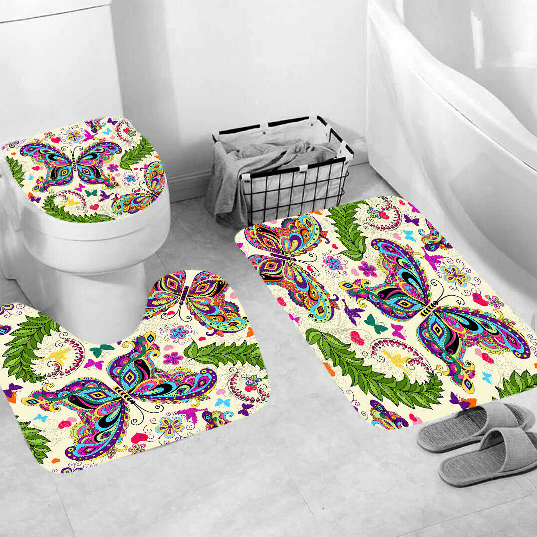 Butterfly Shower Curtain Bathroom Rug Set Bath Mat Non-Slip Toilet Lid Cover-3Pcs Mat Set Only-Free Shipping at meselling99