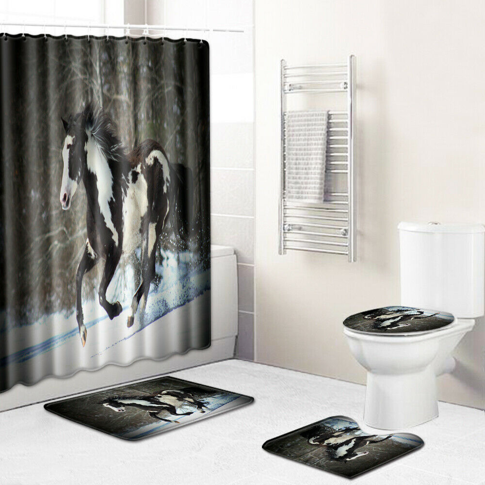 4Pcs Horse Bathroom Rug Set Shower Curtain Bath Mat Non-Slip Toilet Lid Cover--Free Shipping at meselling99