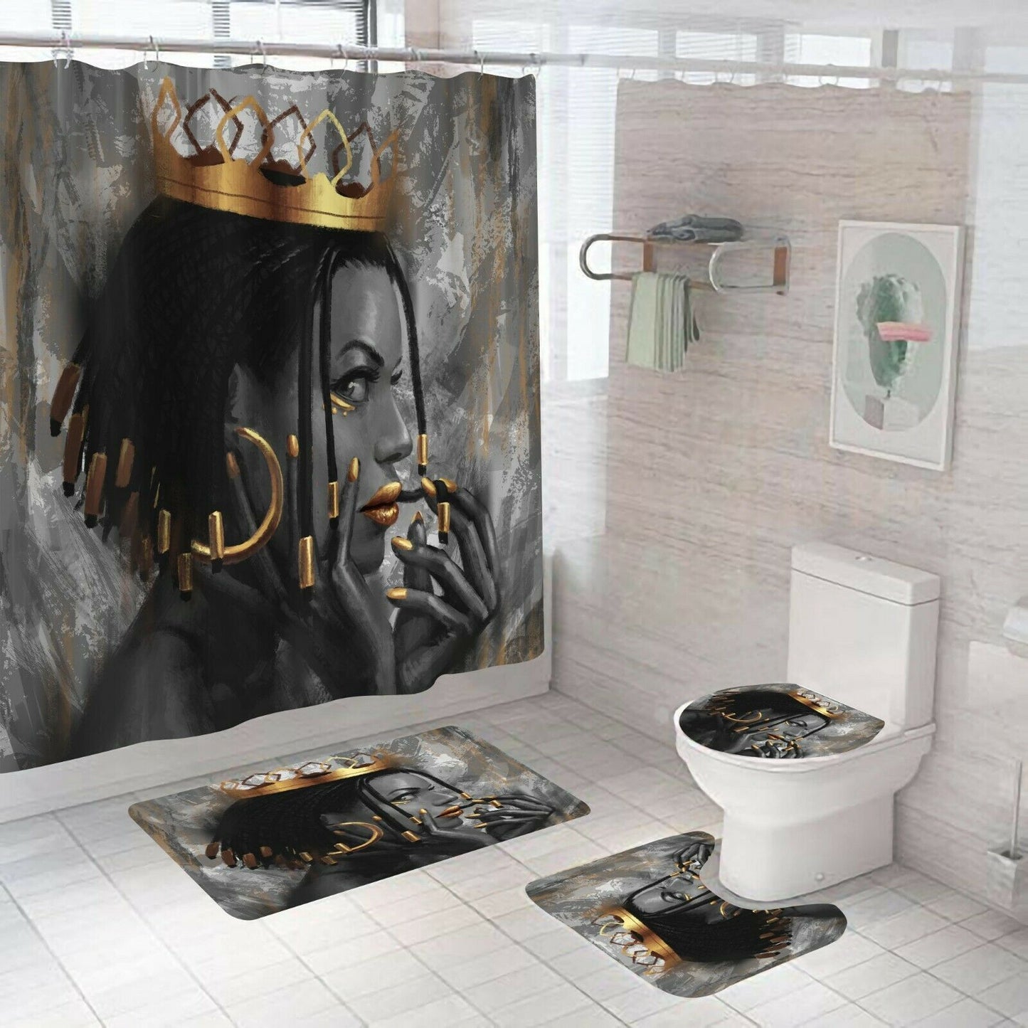 African Woman Shower Curtain Set Bathroom Rug Bath Mat Non-Slip Toilet Lid Cover-Shower Curtain+3Pcs Mat-Free Shipping at meselling99