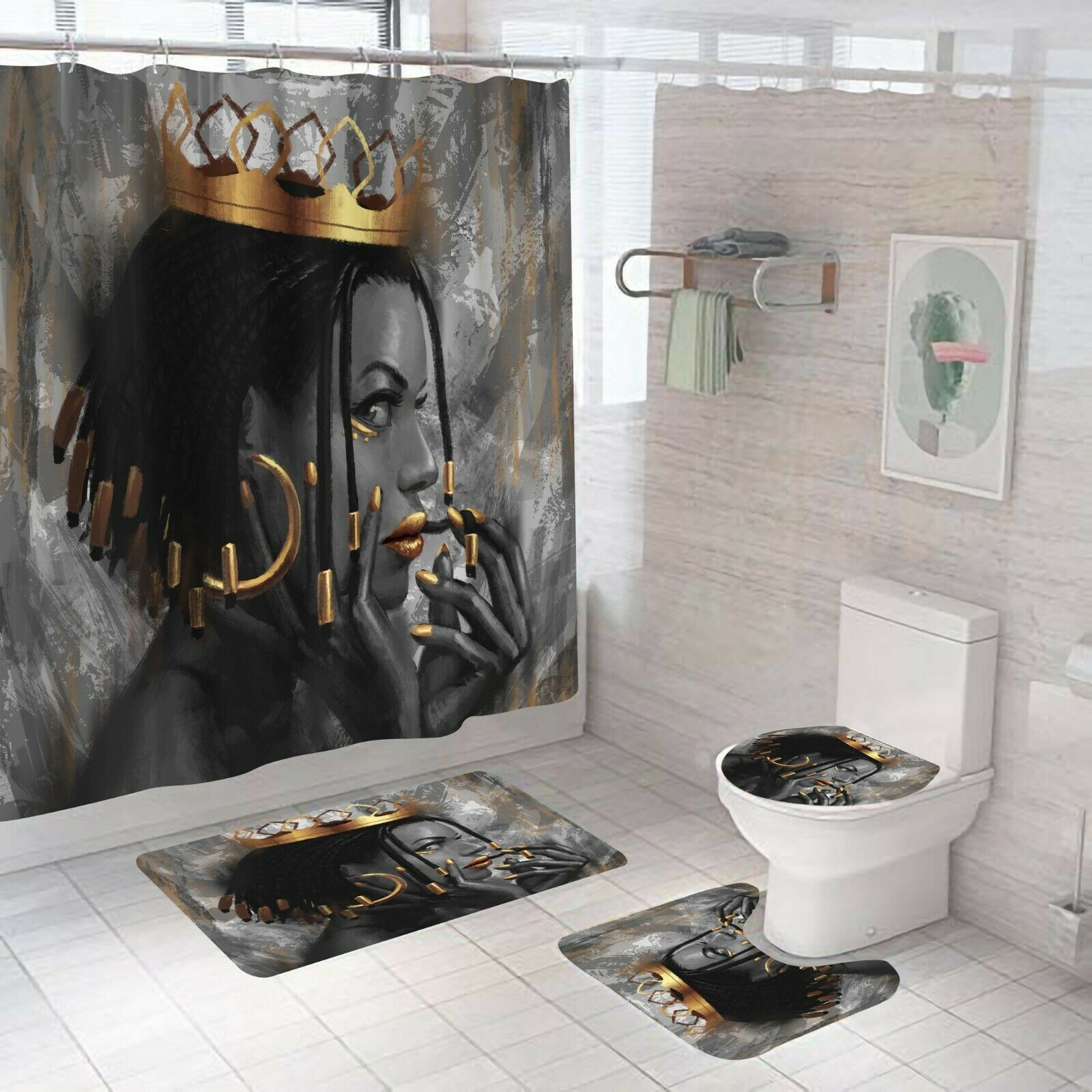 African Woman Shower Curtain Set Bathroom Rug Bath Mat Non-Slip Toilet Lid Cover--Free Shipping at meselling99