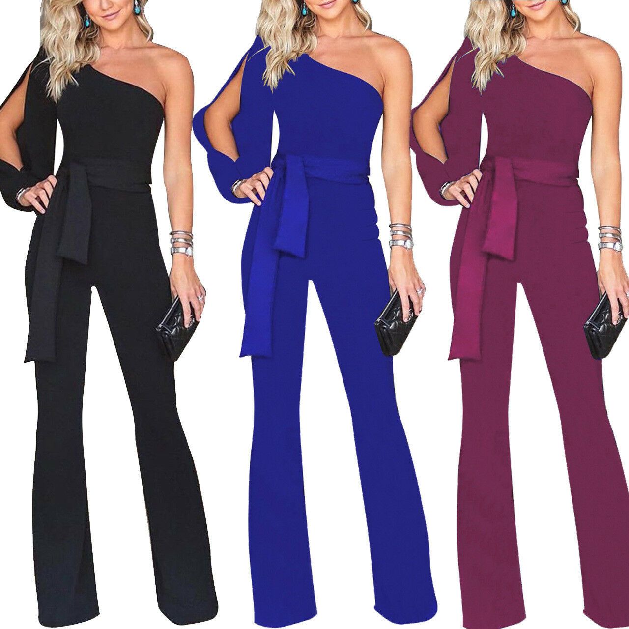 Womens Jumpsuit One Shoulder Slit Sleeve Party Jumpsuits--Free Shipping at meselling99