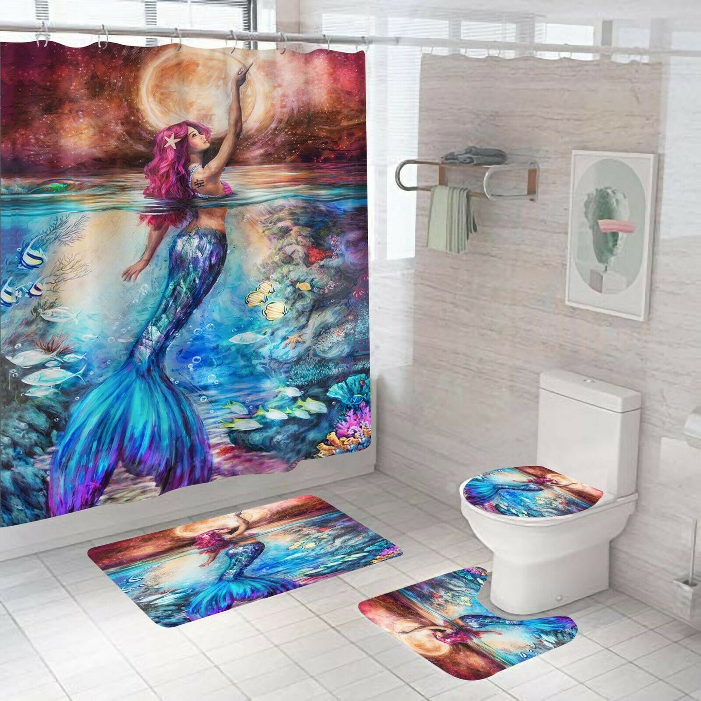 Mermaid Shower Curtain Bathroom Rug Set Bath Mat Non-Slip Toilet Lid Cover-Shower Curtain+3Pcs Mat-Free Shipping at meselling99