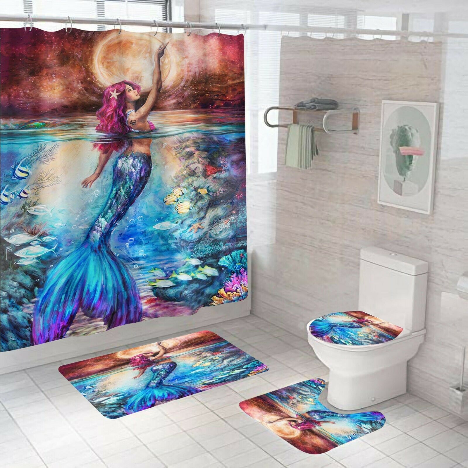Mermaid Shower Curtain Bathroom Rug Set Bath Mat Non-Slip Toilet Lid Cover-Shower Curtain+3Pcs Mat-Free Shipping at meselling99