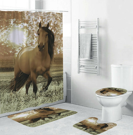 War Horse Shower Curtain Bathroom Rug Set Bath Mat Non-Slip Toilet Lid Cover--Free Shipping at meselling99