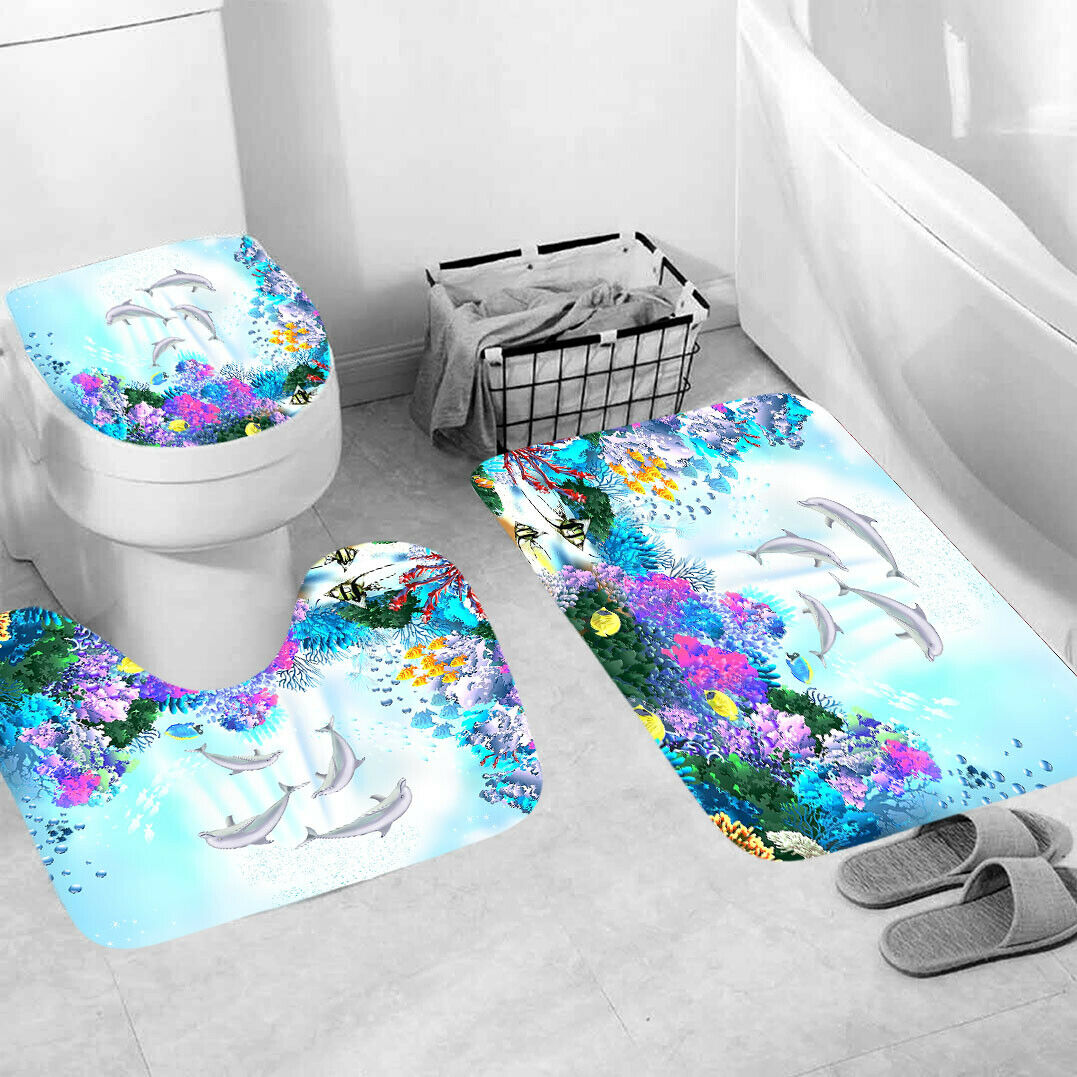 Dolphin Shower Curtain Bathroom Rug Set Thick Bath Mat Non-Slip Toilet Lid Cover--Free Shipping at meselling99