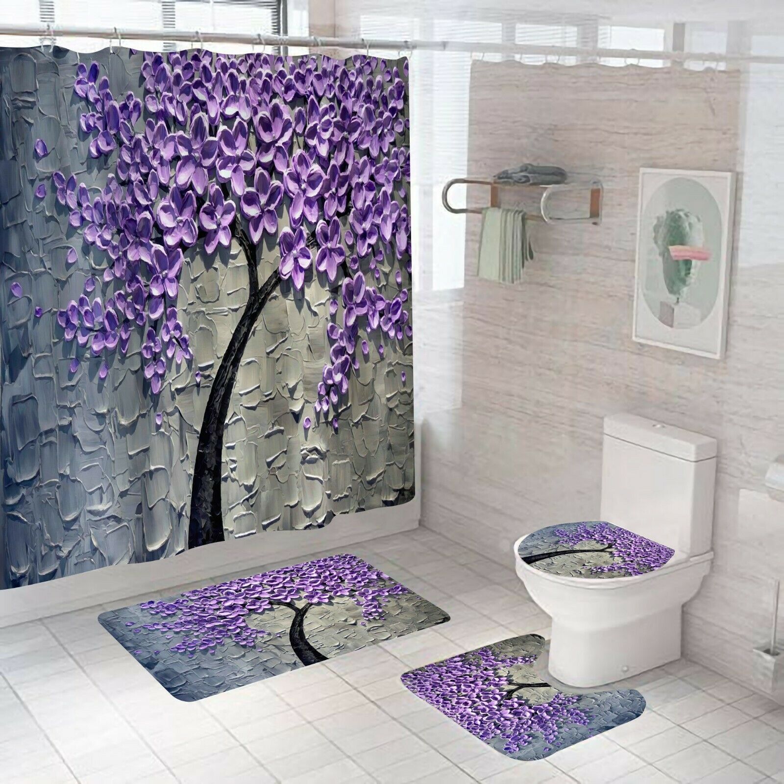 3D Floral Bathroom Rug Set Shower Curtain Bath Mat Non-Slip Toilet Lid Cover-Shower Curtain+3Pcs Mat-Free Shipping at meselling99