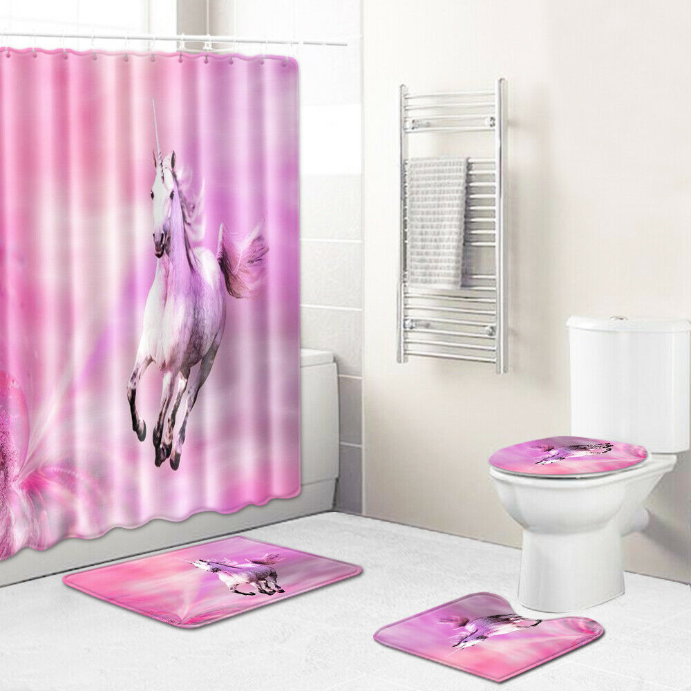 4Pcs Unicorn Bathroom Rug Set Shower Curtain Bath Mat Non-Slip Toilet Lid Cover--Free Shipping at meselling99